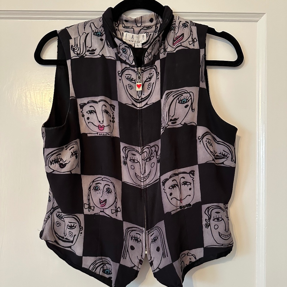 1990s Designer Silk Vest with Faces